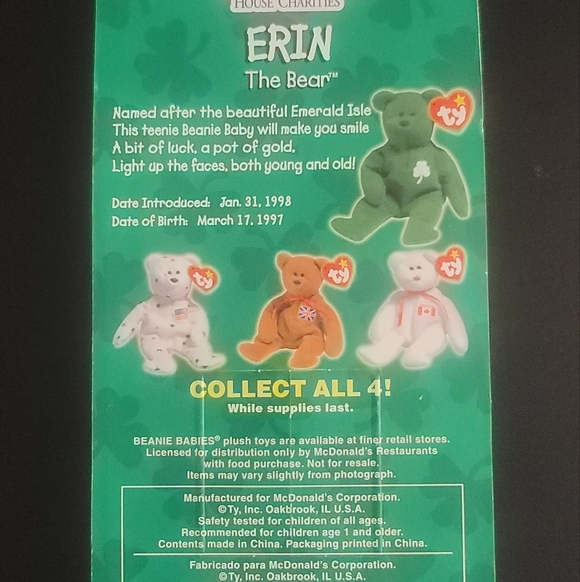 Erin The Bear-1997 McDonald's Ty Beanie Baby With Rare Errors 1993 OakBrook - Picture 3 of 6